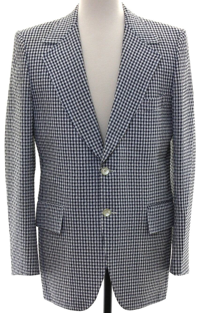 Vintage 70s Men's Large 42R Gray Hilton Navy White Check Blazer Sport Coat USA